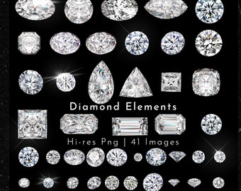 May include: A collection of 41 high-resolution images of different diamond shapes, including round, oval, pear, marquise, emerald, and princess cuts. The diamonds are set against a black background.  Hi-res Png | 41 Images