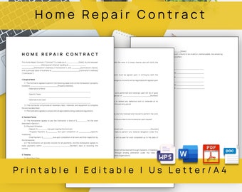 Editable Home Repair Agreement, Printable  Repair  Contract Template,Home Renovation Contract,Home Maintenance Contract