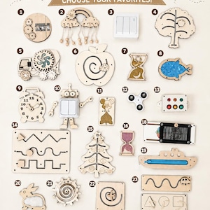 Peut inclure: Une collection de vingt-trois pièces en bois pour tableau d'éveil numérotées, comprenant des engrenages, un arc-en-ciel, un interrupteur, un arbre, un camion, une pomme, un poisson, une horloge, un robot, un spinner, un labyrinthe et des formes.