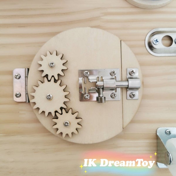 Pieza de tablero de actividades con cerradura de puerta y engranajes / Actividad de motricidad fina / Suministro para tablero de actividades DIY / Accesorio para tablero sensorial / Componente de tablero de madera
