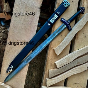 Épée Viking Damas Forgée à La Main - Reproduction Médiévale, Lame Acier Damas, Manche Bois