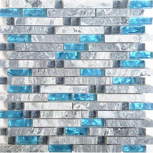 Glass Stone Linear Mosaic Wall Tiles Polished Gray & Teal Blue Backsplash Tile