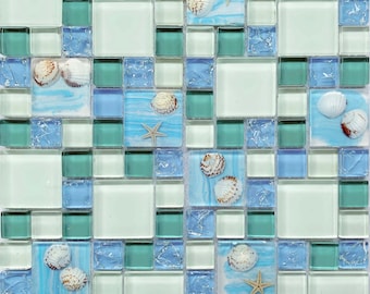 Glass Mosaic Beachy Backsplash Tile, Mixed Blue & White