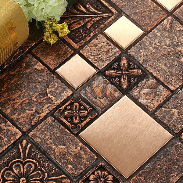 Antique Wall Tile Stainless Steel Metal and Resin Blend Mosaic Copper Brushed Rose Gold Backsplash