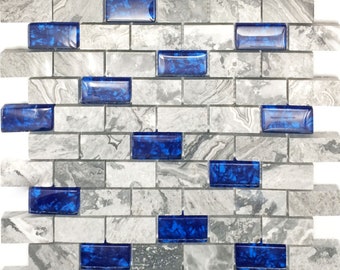 Stone Glass Mosaic 1x2 Subway Tile Polished Gray & Royal Blue Kitchen and Bath Wall Tiles