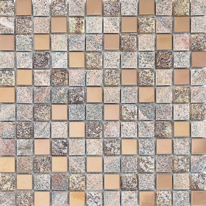 Stone Mixed Glass and Metal Mosaic Unpolished Gray & Rose Gold Backsplash Tile