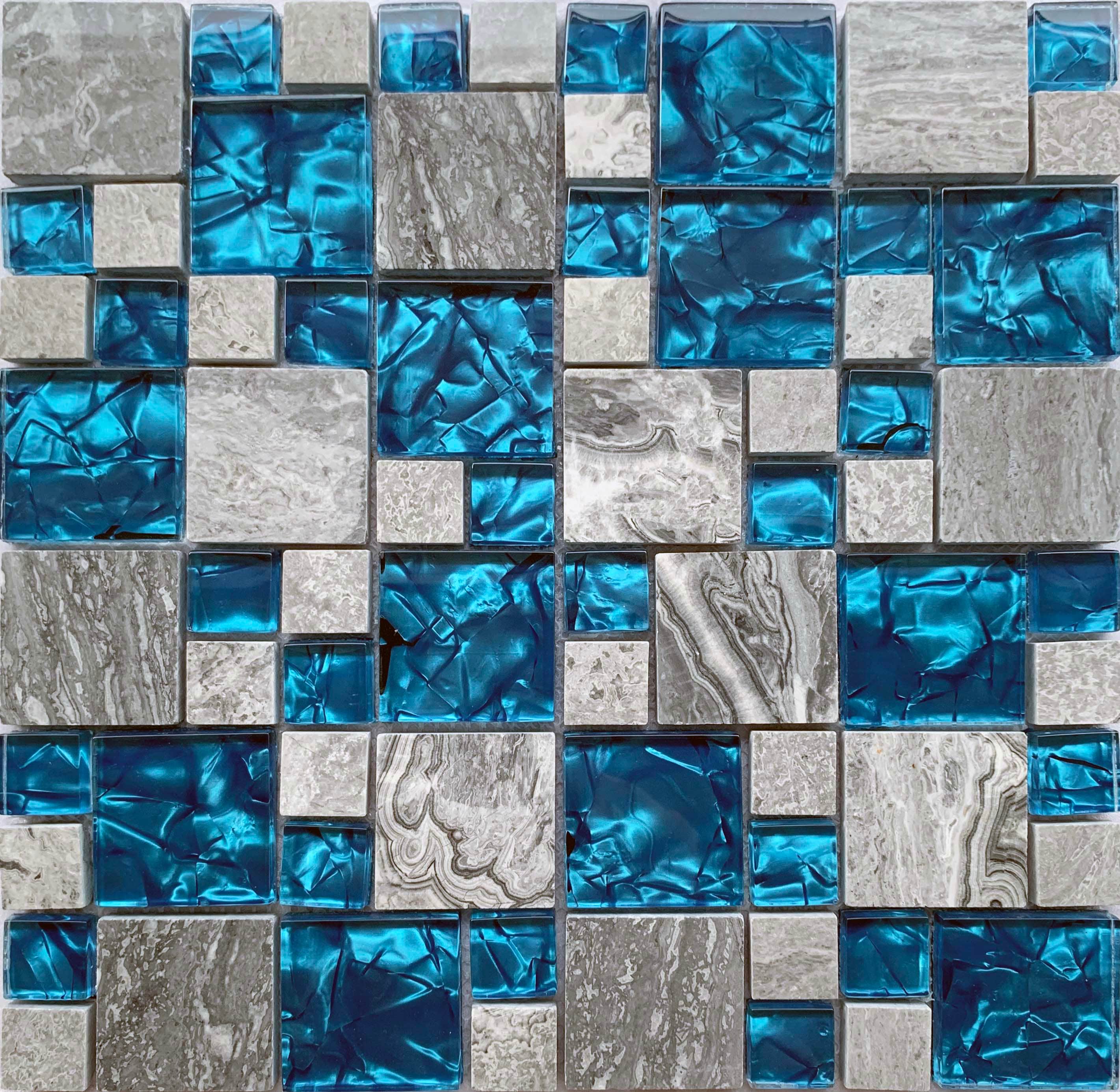 Glass Stone Mosaic Tiles French Pattern Polished Gray and Teal Blue