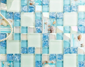 Blue Cracked Glass Mosaic Iridescent Backsplash Tile French Pattern Bathroom Wall Tiles