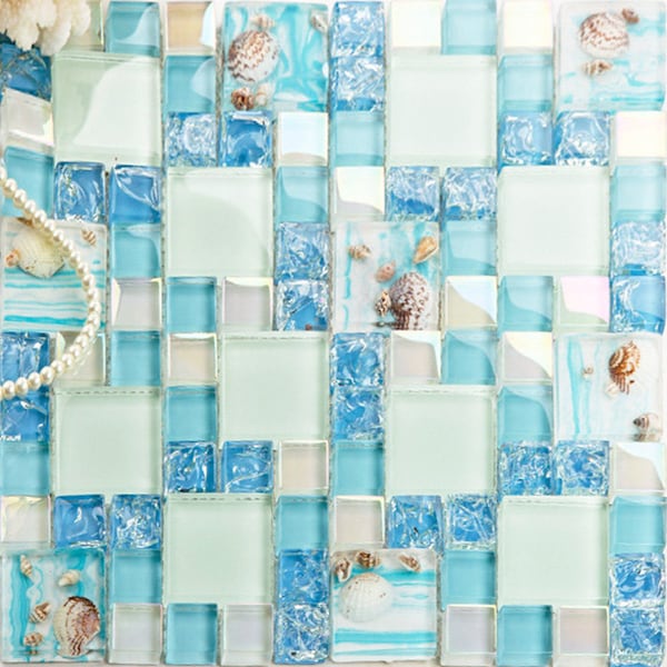 Blue Cracked Glass Mosaic Iridescent Backsplash Tile French Pattern Bathroom Wall Tiles