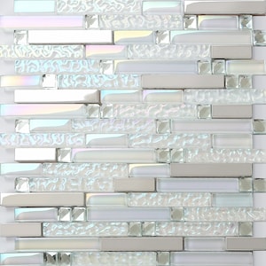 Glass Metal Mosaic Backsplash Tile Iridescent & Shiny Silver Linear Wall Tiles
