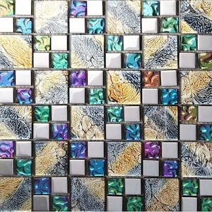 Multicolor Glass Mosaic Glossy Backsplash Tile French Pattern Kitchen and Bathroom Wall Tiles