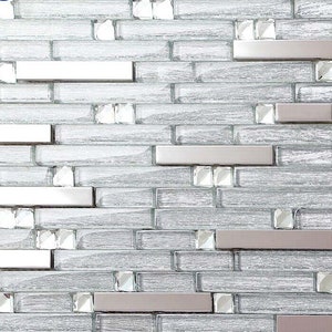 Glass Metal Mosaic Linear Wall Tiles Silver Stainless Steel Kitchen Backsplash