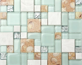 Beach Style Glass Tile Kitchen Backsplash Green Lake White Stone Mosaic Tiles