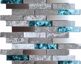 Glass Stone Linear Blend Mosaics Brushed Stainless Steel Accent Wall Tile