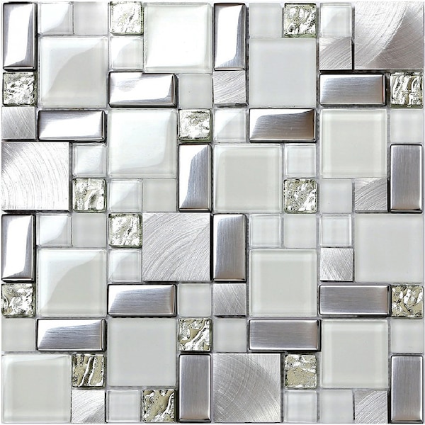 Glass Metal Mosaic Backsplash Tile French Pattern Brushed Silver & White Accent Wall Tiles