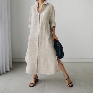 Long-sleeved shirt dress/Linen shirt dress/Button shirt dress/Loose shirt dress plus size/Bohemian shirt dress/Maxi shirt dress