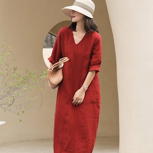 women red linen dress/loose summer linen dress plus