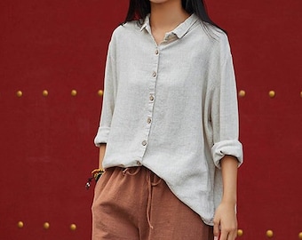 Pull ample à manches longues Pull-over d'été T-shirt basique Solid Cotton Linen Shirts Tops Pull ample à manches longues Pull-over d'été T-shirt basique Solid Cotton Linen Shirts Tops