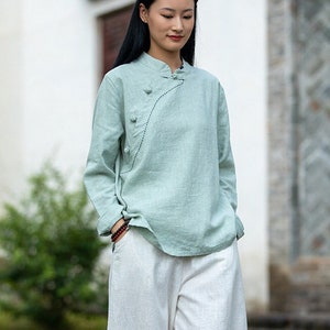 liziqi 010721a chinese style women blouse linen women top linen women shirt linen 100% Ramie Women Blouse with Handwoven Buckle Button