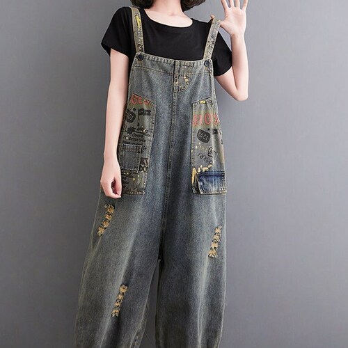 Cotton Overalls Plus Sizewomen Vintage Denim Overalls Print Etsy