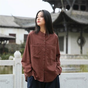 Long-sleeved linen shirt /women loose cotton and linen casual shirt / woman retro shirt / Chinese casual shirt plus size