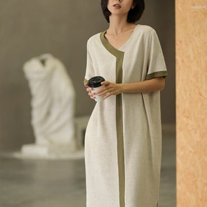 Summer color matching short-sleeved linen dress/loose straight Patchwork cotton linen dress