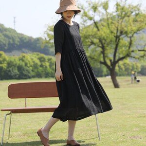 Black Linen Dress/Bohemian Dress/Linen Loose Dress/Girl Maxi Dress/Summer Embroidered Square Neck Dress