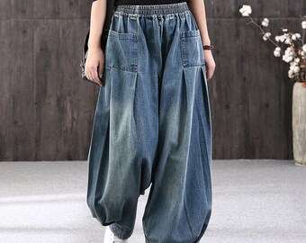 Women's retro cotton loose wide-legged trousers / leisure to do old  pants /  Bohemian straight denim pants / volcanic stone washing jeans