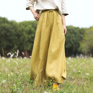 Women's Linen Wide Leg Pants, Loose Elastic Waist Linen Flared Pants, Casual Linen Lace-Up Pants, Stone Washed Linen Pants