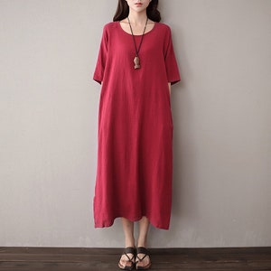 Summer retro loose linen dress/woman summer short-sleeved  cotton and linen dress plus size