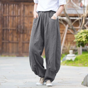 Linen pants/retro linen trousers/cotton linen pants/loose linen pants/Chinese casual yoga pants/linen harem pants