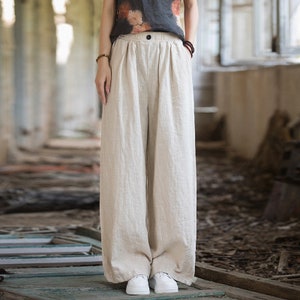 Winter Linen Wide Leg Pants, Women Vintage Thickened Cotton Pants, Elastic Waist Casual Wide Leg Pants, Women Winter Casual Pants