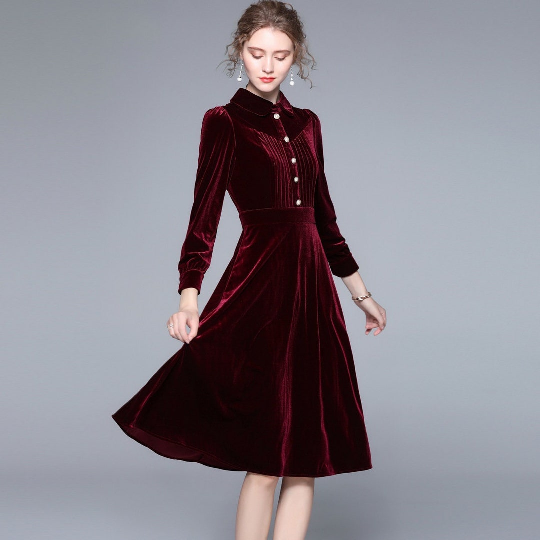 Vintage Red Velvet Dress, Women Long-sleeved Velvet Dress, Spring ...