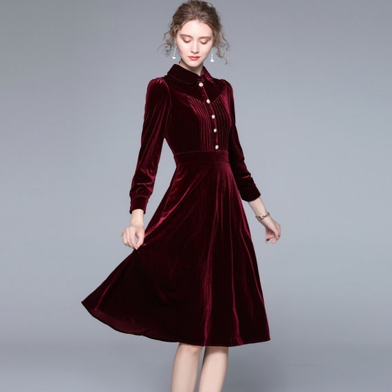 Vintage Red Velvet Dress Women Long-sleeved Velvet Dress - Etsy