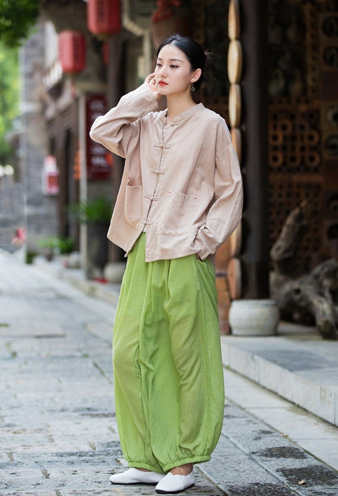 Chinese Handbuttoned Longsleeve Shirt Stand Collar Vintage Etsy