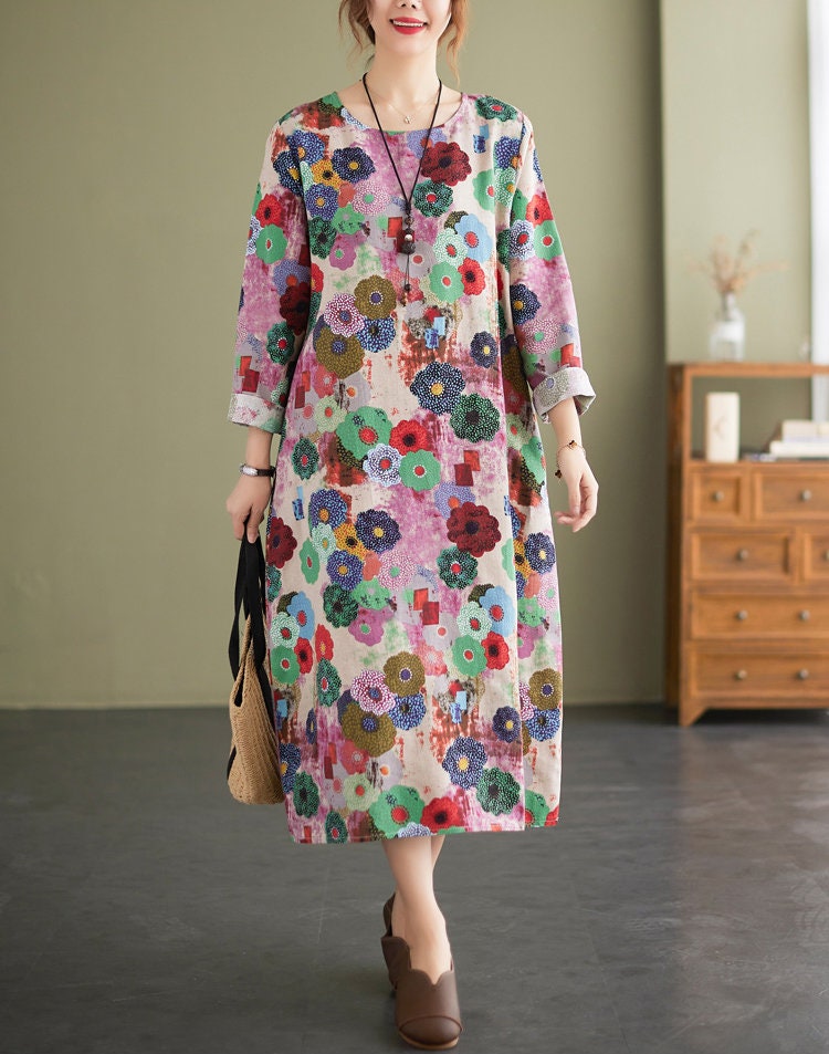 Fall Retro Loose Printed Linen Dress/woman Summer Long Sleeve - Etsy