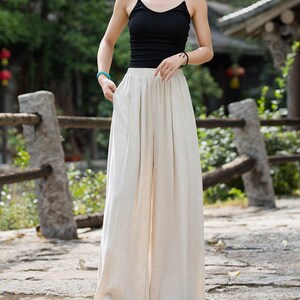 Autumn  Linen Wide Leg Pants, Comfortable Vintage Linen Cotton Pants with Pockets, Loose Casual Elastic Waist Cotton Washed Yoga Pants