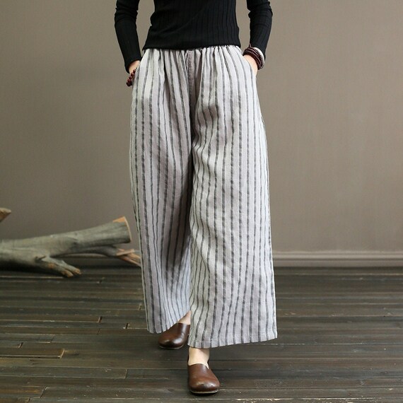 Striped Linen Wide-leg Pants/loose 