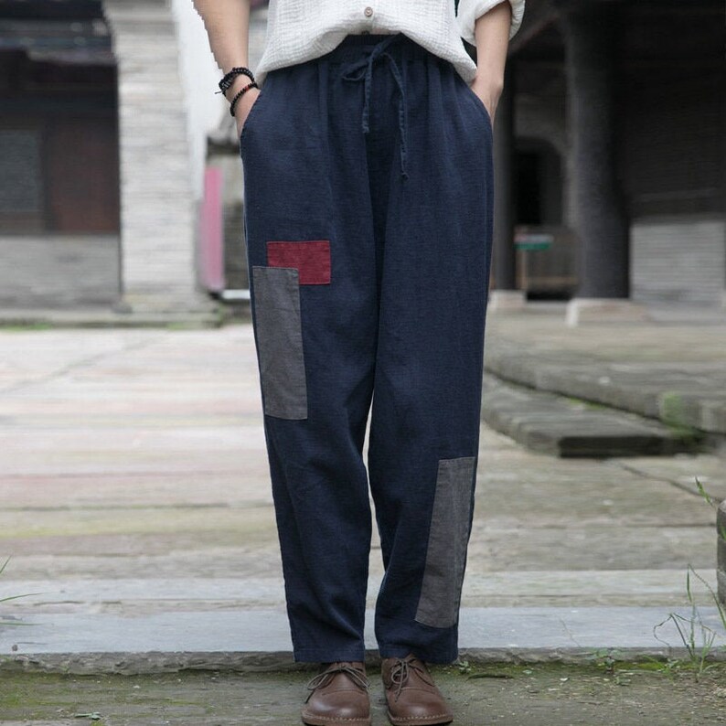 Blue linen pantssmall feet casual linen pantssplicing process