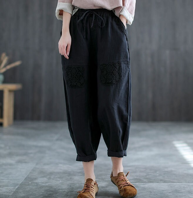 Summer linen trousers / lace pants / linen harem pants / linen | Etsy