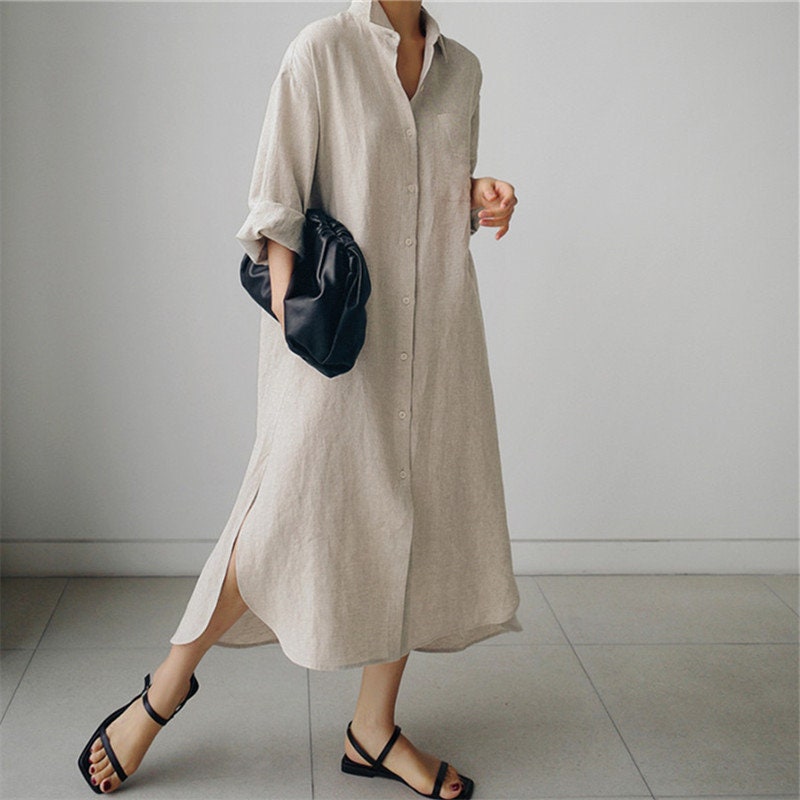 Long-sleeved Shirt Dress/linen Shirt Dress/button Shirt - Etsy UK