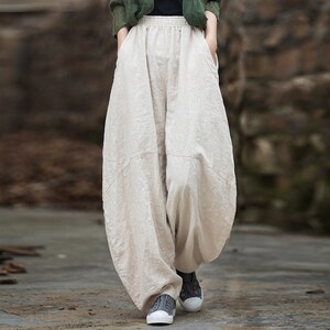 Women Loose Stone Washed Linen Harem Pants, Summer Cotton Linen Tapered ...
