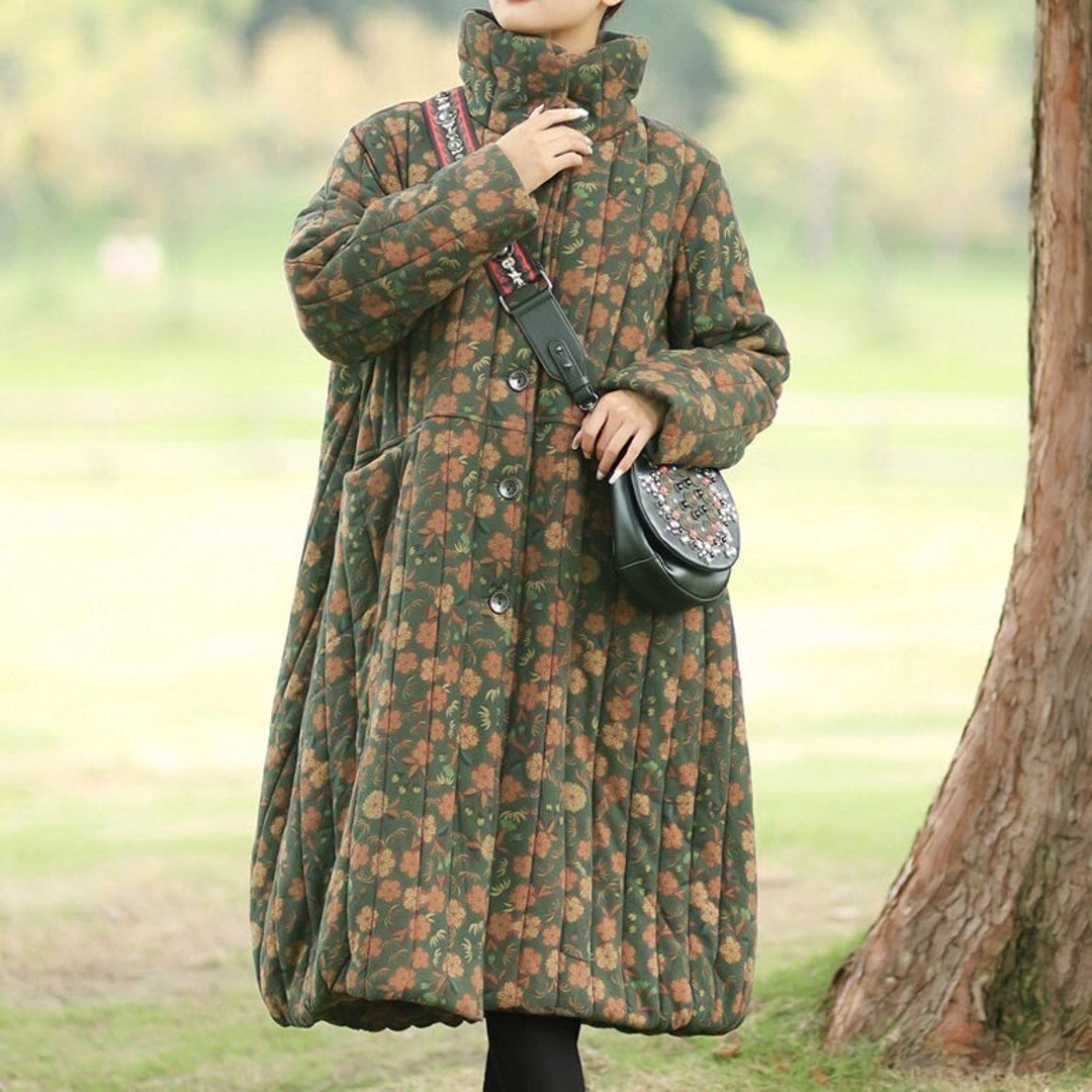 Manteau d'hiver ample pour femme, manteau ?� col montant en coton et lin imprim?�, manteau d'hiver 