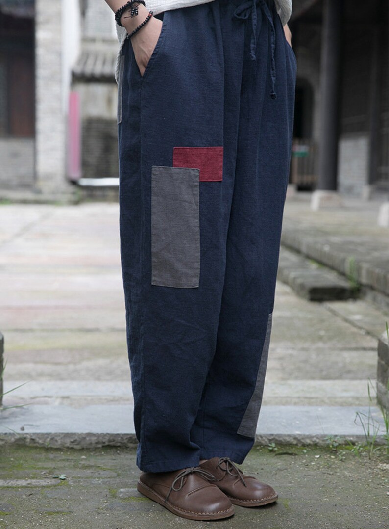 Blue linen pantssmall feet casual linen pantssplicing process
