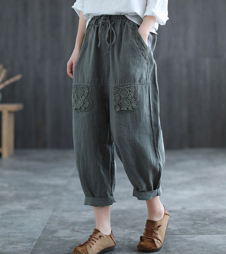 Summer linen trousers / lace pants / linen harem pants / linen | Etsy