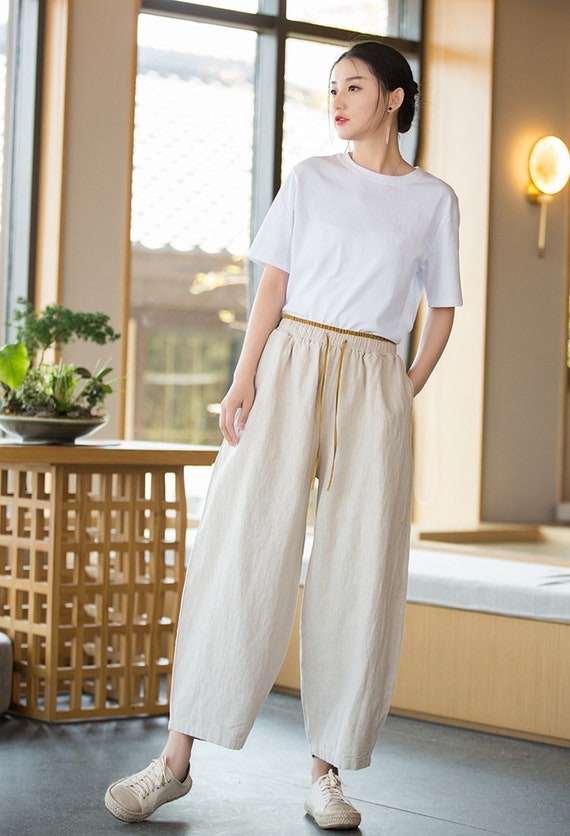 Women Summer Linen Pants,vintage Wide Leg Linen Pants,women Linen Trousers,  Lounge Linen Cotton Pants 