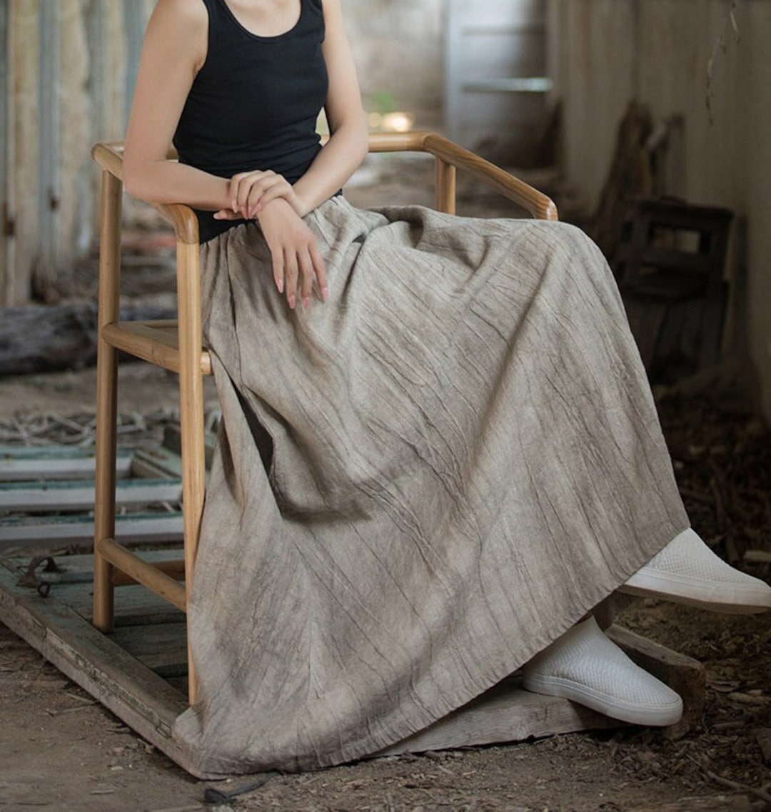 Vintage Cotton Linen Skirt, Summer Elastic Waist Cotton Linen Skirt