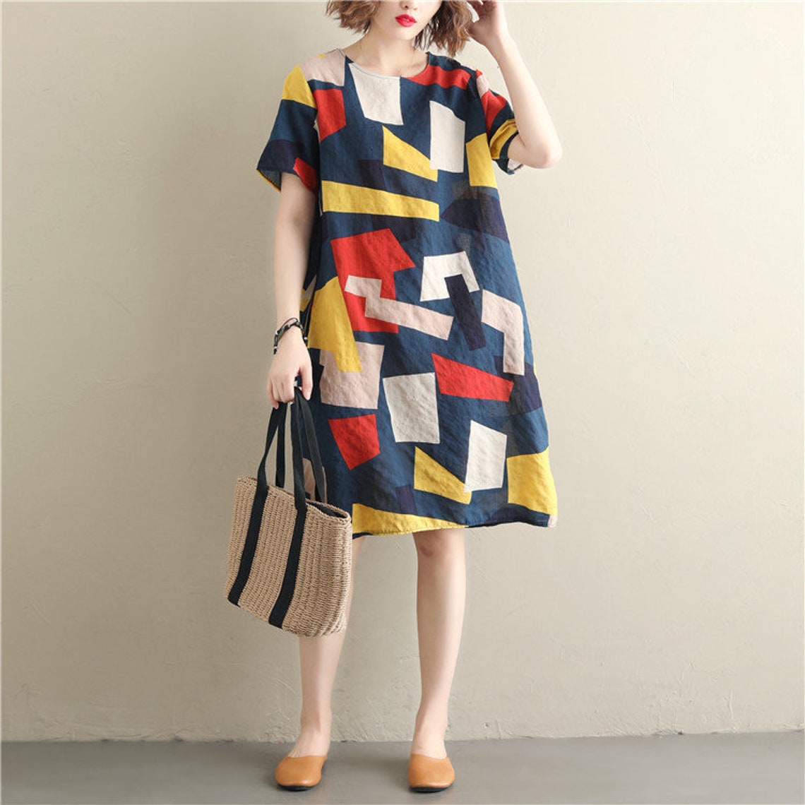 Summer Printed Linen Short Sleeve Dress/Loose Summer Dress | Etsy