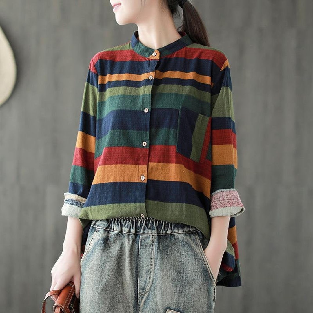 Vintage Striped Long Sleeve Linen Cotton Plus Size Shirt - Etsy