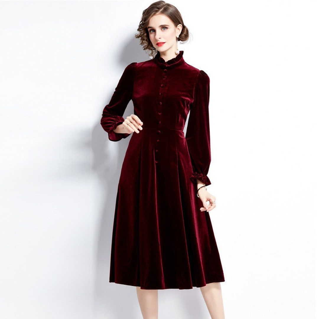 Red Velvet Dresses, Vintage Velvet Dresses With Long Sleeves, Autumn ...